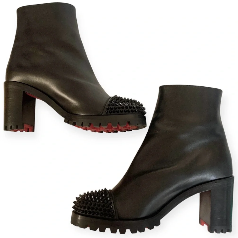 Christian Louboutin Olivia Snow 70mm Calf Leather Black Ankle Boots 35 1/2 Spike